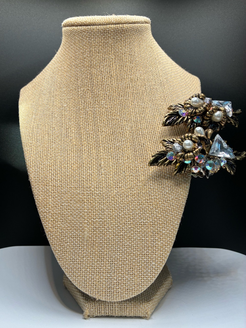 Vintage Resin 1970’s Gold-Tone Cluster Clip-on Earrings w/Crystal Accents